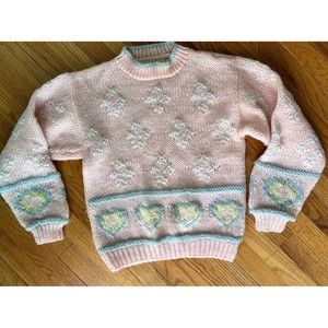 Vintage Women's Pastel Knit Novelty Pink Heart Pullover Sweater Sz M Fairy Kai